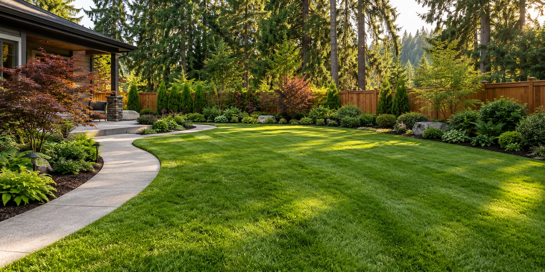 Landscape inspiration: a green Northwest garden with a curving path and planted borders